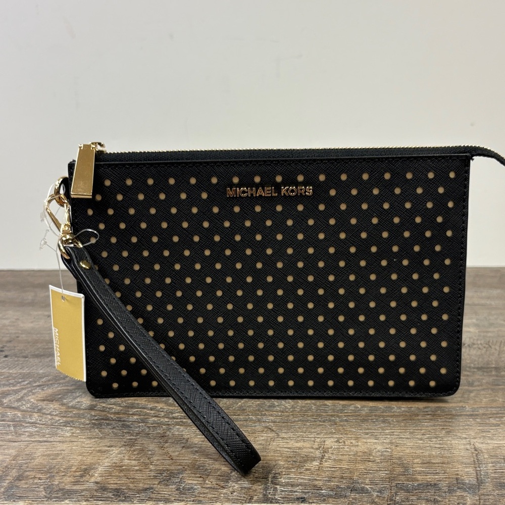 Michael Kors Medium Gusset Leather Wristlet– Black with Gold-Tone Hardware (NWT)